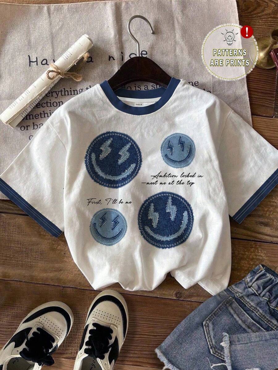 SHEIN EZwear 女士休闲简约笑脸贴花印花圆领短袖宽松T恤