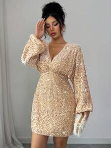 Rafferiza 女士亮片装饰连衣裙，V领，蝙蝠袖，前幅褶裥设计，收腰，长袖，优雅精致，复古法式风情，简约百搭，适合万圣节、圣诞节、感恩节、下午茶、派对、半正式场合、鸡尾酒会、秋冬季等各种场合。 - 金色 - 查看 5