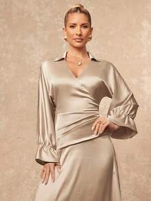 Lumalex Women's Champagne Autumn Elegant Dining Satin Maxi Dress,Old Money Solid Color Shirt Collar Fitted Waist A-Line Long Dress For Banquet Wedding Party - Khaki - View 5
