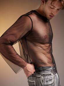 FeverCity Fashionable Casual Sheer Mesh Long Sleeve Men T-Shirts