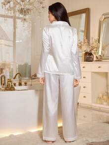 LuxeNights 女士新款奢华条纹刺绣长袖睡衣套装，冬季服装 - 白色 - 查看 4