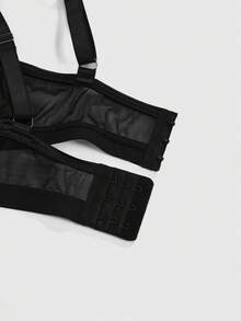 ROMWE Grunge Punk Plus Size Dark Punk PU Wireless Triangle Bra Set - Black - View 4