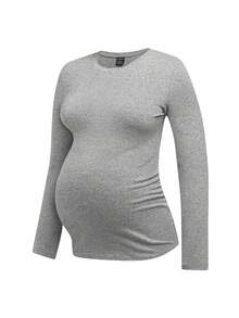 Modmama 3件套孕妇休闲圆领长袖修身孕妇T恤 - 灰色 - 查看 3