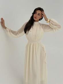 Aloruh 女士休闲纯色长袖收腰连衣裙 - 米色 - 查看 7