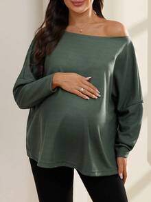 SHEIN Blusa de manga larga con cuello asimétrico, elegante y cómoda para embarazadas - Verde - Ver 4