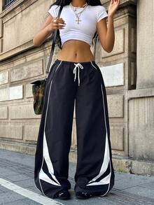 Coolane 女士夏季演唱会街头服饰外出拼色降落伞裤 - 黑與白 - 查看 5