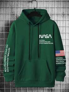 Manfinity Homme 宽松男士标语印花袋鼠口袋抽绳连帽衫，绿色套头衫，复古风格，适合日常休闲、周末旅行、户外活动、探险旅行、轻松的工作环境或半正式场合，也是送给男友/丈夫、周年纪念日/生日、派对、圣诞节、新年等场合的理想礼物，长袖上衣 - 綠色 - 查看 3