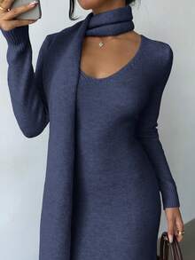 Elenzga Vestido de malha elegante, leve, com decote em V, estilo vintage, simples e confortável, com cachecol de borla, adequado para deslocamentos e passeios no outono/inverno - Azul - Ver 3