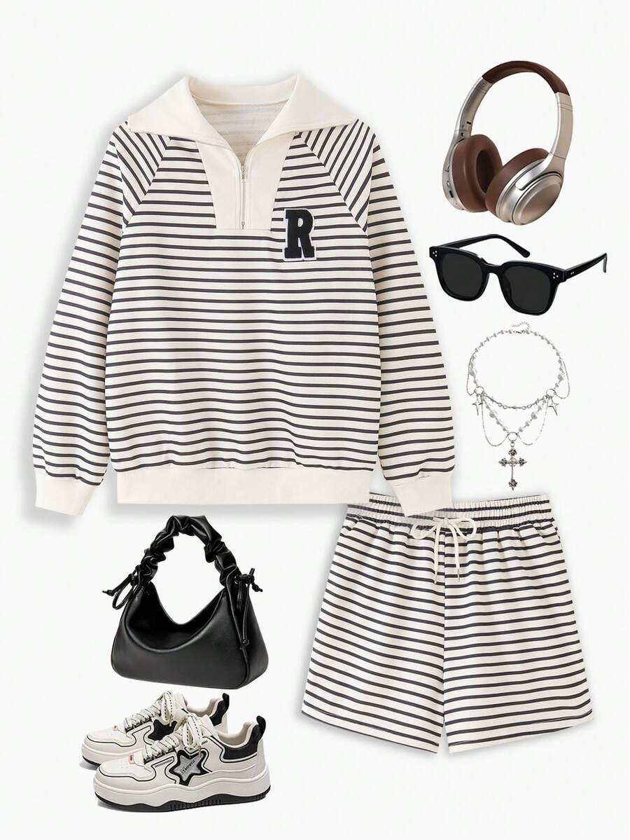 INAWLY 女式休闲 Polo 领条纹运动衫和短裤套装，秋季 - 杏色 - 查看 1