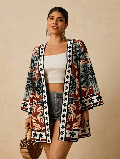 Travachic Plus Size Women Tropical Plant & Palm Tree Print Loose Kimono , Mid-Length Sleeve Floral Pattern Casual Beach , Romantic Early Spring Women's Beach Summer 2026