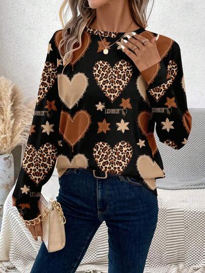 EMERY ROSE Camiseta de manga larga con estampado de leopardo y gráfico de corazón, adecuada para otoño/invierno