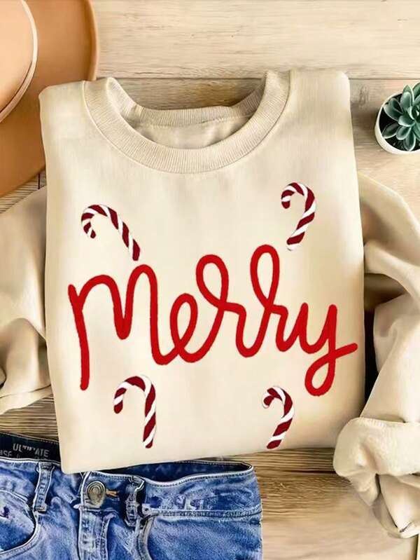 INAWLY Nuevo suéter de cuello redondo con estampado navideño color albaricoque para mujer