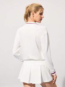 CourtClass Women's Striped Long Sleeve Polo Collar Tennis Sweatshirt Tennis Dress Long Sleeve Tennis Clothes For Women Women Golf Tops Upf Shirt Women - White - View 2