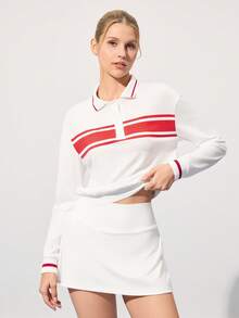 CourtClass Women's Striped Long Sleeve Polo Collar Tennis Sweatshirt Tennis Dress Long Sleeve Tennis Clothes For Women Women Golf Tops Upf Shirt Women - White - View 6