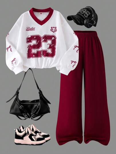 Sparklyn 两件套少女V领长袖T恤，印有23个字母和数字，搭配阔腿裤，舒适休闲运动风，适合春秋季穿着。