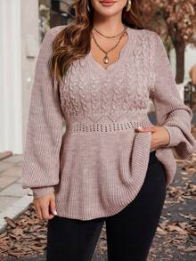 Reflora Plus Size Women Arched V-Neck Long Sleeve Ruffle Hem Pullover Sweater, Autumn/Winter - Pink - View 3