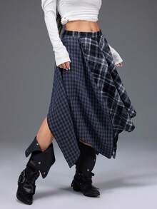 Bloopia 复古美式摇滚叛逆 EMO 朋克甜美酷炫时尚百搭日常通勤热销女装秋冬万圣节哥特风黑灰撞色雪花格子拼接不对称下摆设计半身裙 - 彩色 - 查看 6