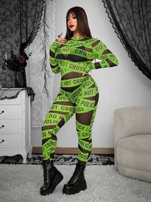 Whyspr Plus Size Women Street Bold Avant-Garde Casual Punk Fashion English Letter Print Leggings, High Stretch, Suitable For Halloween, Music Festival, Cosplay - Multicolor - View 3