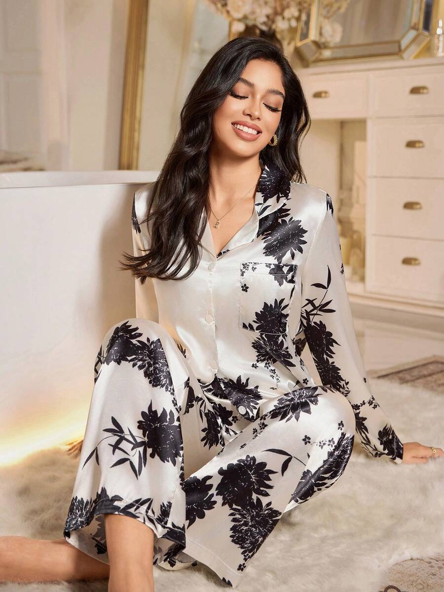 LuxeNights 女士优雅印花缎面长袖开衫长裤睡衣套装，秋冬款 - 杏色 - 查看 1