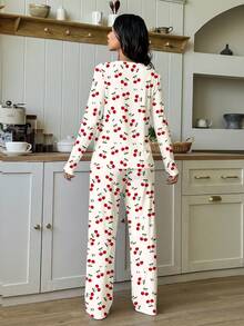 SHEIN Leap Crew 2pcs Vintage Sweet Mini Cherry Print, Ballerina Style, Teen Girl Autumn/Winter Round Neck Raglan Sleeve T-Shirt & Plaid Pattern Loose Pants Casual Pajama Set, Suitable For Christmas Loungewear - Multicolor - View 2