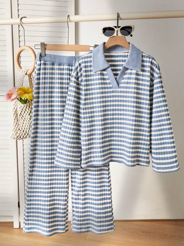 SHEIN Girls Striped Polo Shirt Top, Fashion Outfit, Suitable For Spring & Autumn