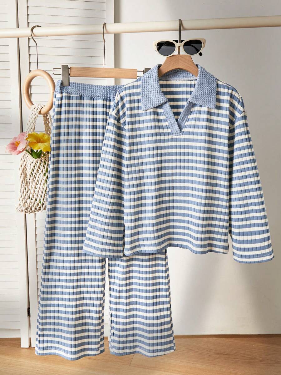 SHEIN 柔软亲肤 | 女童蓝白条纹翻领休闲上衣+阔腿裤时尚套装 - 春秋季长袖长裤套装（无内衬），日常穿着的理想之选 - 藍色 - 查看 1