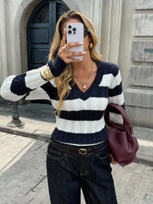 Chiquease Women's Elegant French Style Striped V-Neck Sweater, High-Quality Design, Slim Fit, Suitable For Early Autumn And Winter - Multicolor - View 3