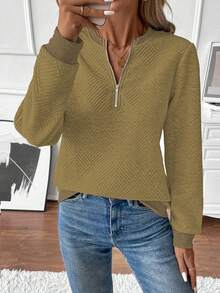 SHEIN LUNE Women's Autumn Sweatshirt, Notch Neck, Long Sleeve, Raglan Sleeve, Ribbed Splice, Zipper Decor, Textured Fabric - Brown - View 5