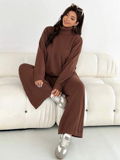 Auralis Plus Size Women's Autumn And Winter Fashion Casual Loose Comfortable Daily Basic Versatile High Collar Pullover Long Sleeve Sweater And Wide Leg Pants Brown Sweater Two Pieces Set,Fall Outfits,Cozy Fall And Winter Clothes For Women,Simple Style