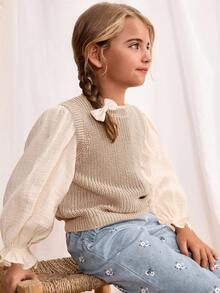 Blossori Young Girls' French Elegant Round Neck Knit Vest - Apricot - View 3