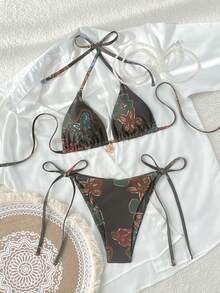 Swim Vcay Bộ 2 món/set chủ đề Kỳ nghỉ Xuân 2026, áo bơi hai dây buộc sau lưng và quần bơi buộc dây bên hông, thích hợp cho kỳ nghỉ biển, dành cho nữ. - Nhiều màu - Xem 2