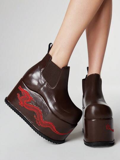 ROMWE Women's Black Thick Platform Ankle Boots, Goth Style Chunky Heel, Chinese Dragon Embroidery & Metal Decor, Edgy Metallic Vibe