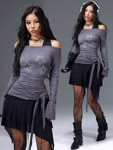 Bloopia Hàn Quốc Thường Ngày Slouchy Cá Nhân Hóa Trẻ Hóa Cho Nữ Thu/Đông Phong Cách Mới Halloween Ngôi Sao Đính Đá Trang Trí 2 Trong 1 Thiết Kế Halter Tie Eo Ôm Vừa Vặn Trễ Vai Hở Vai Tay Dài Cho Nữ Váy Ngắn - Màu xám đen - Xem 1