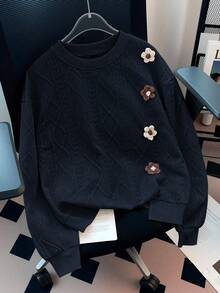 GlowEve 女士时尚纯色纹理装饰钩针 3D 花卉圆领落肩长袖开衩下摆宽松休闲运动衫 - 藏蓝色 - 查看 7