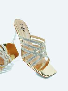Gold All Rhinestones Shining Women's Square Toe Glass High Heels - Gold - View 3