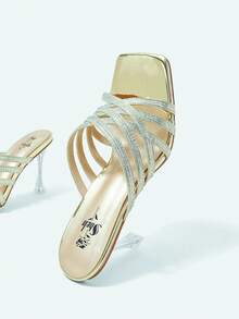 Gold All Rhinestones Shining Women's Square Toe Glass High Heels - Gold - View 4