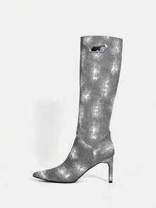 Women's Tie-Dye Pointed Toe Side Zipper Design Fashion High Heel Mid-Calf Boots - Grey - View 8