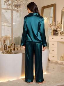 LuxeNights Ensemble de pyjama femme en fausse soie à manches longues et pantalon long, nouvelle collection automne/hiver - Vert sapin - Voir 3