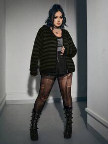 ROMWE Grunge Punk 大码撞色条纹拉链宽松休闲针织开衫 - 墨綠色 - 查看 4