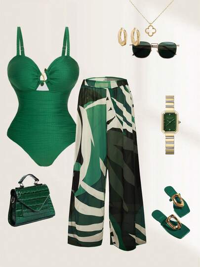 Swim Oasis Conjunto de traje de baño de 2 piezas para mujer talla grande con un bañador de una pieza con tirantes finos, cuello bajo y tela jacquard verde casual para vacaciones, talla grande una pareo a juego como cobertura