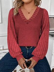 EMERY ROSE Plus Size V-Neck Ribbed Puff Sleeve Basic T-Shirt, Red, Casual Autumn/Winter Fall - Red - View 3
