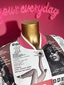 Slaydiva 2025 Winter New Style, Christmas, New Year, Birthday, Party, Banquet, Preppy Style, Student Wear, Everyday Outing, Basic Versatile, Casual, Cruise Travel, Influencer Hot Style, Motorcycle Style, Club Style, Baseball Collar Long Sleeve, Buttons Can Be Opened, Portrait Print, Winter Jacket, Christmas Jacket, New Year Jacket, Women's Jacket