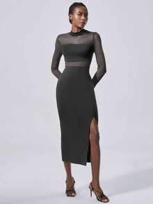 SHEIN ChicEase Lightweight And Elegant Mesh Dress, Semi-Sheer Gray Knitted Long Skirt - Dark Grey - View 1