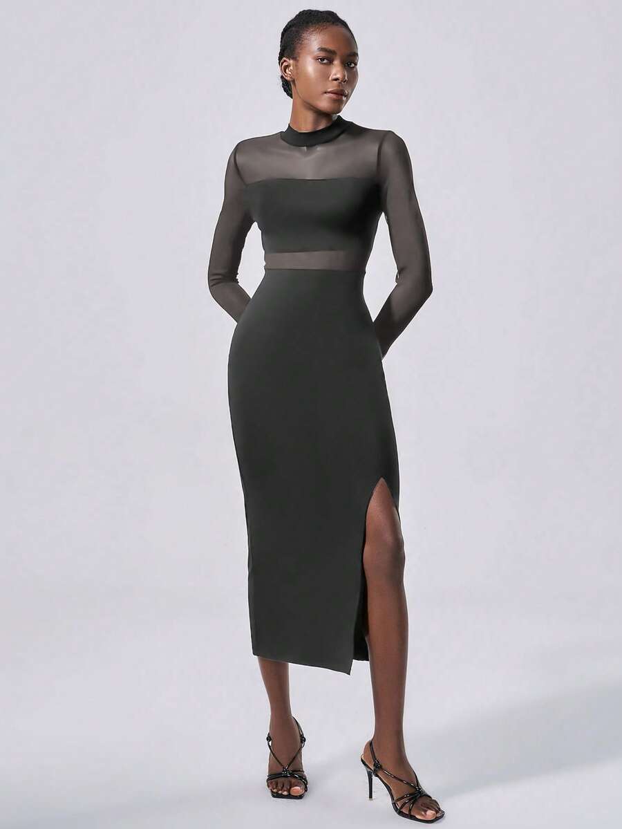 SHEIN ChicEase Lightweight And Elegant Mesh Dress, Semi-Sheer Gray Knitted Long Skirt - Dark Grey - View 1