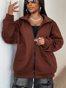 Maweii Sudadera casual holgada de manga larga con cremallera delantera y hombros caídos para mujer de talla grande de un solo color - Marrón - Ver 6