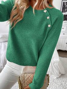 SHEIN Tall 女式不对称领扣毛衣 - 綠色 - 查看 6