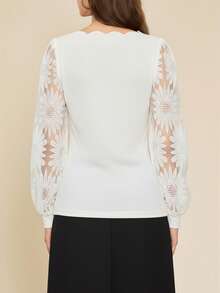 Amorya Women's Elegant V-Neck Shell Embroidery Lace Patchwork Slim Fit Blouse Top, Suitable For Autumn Summer - White - View 2