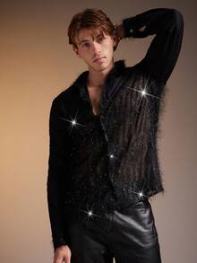 FeverCity Men's Sexy Mesh Patchwork Front Button Long Sleeve Shirt - Black - View 4