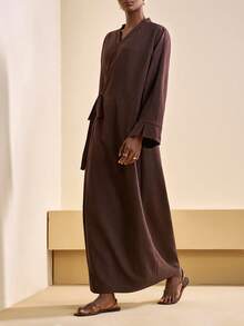 Zivah 2026 Spring And Summer New Commuter Casual Old Money Style Loose Brown V-Neck Wrap Lace Long Sleeve Women Maxi Dress, Suitable For Travel, Shopping, Commuting, Dating, Party, Gathering, Brunch Clothing, Airport Wear, Christmas, New Year, Festival,Church Outfits Women-E - Brown - View 3