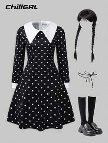 SHEIN Vestido preto com gola Peter Pan e bolinhas para meninas, vestido formal preto, vestido gótico para meninas, adequado para deslocamento diário, passeios, apresentações, festas, outono e inverno